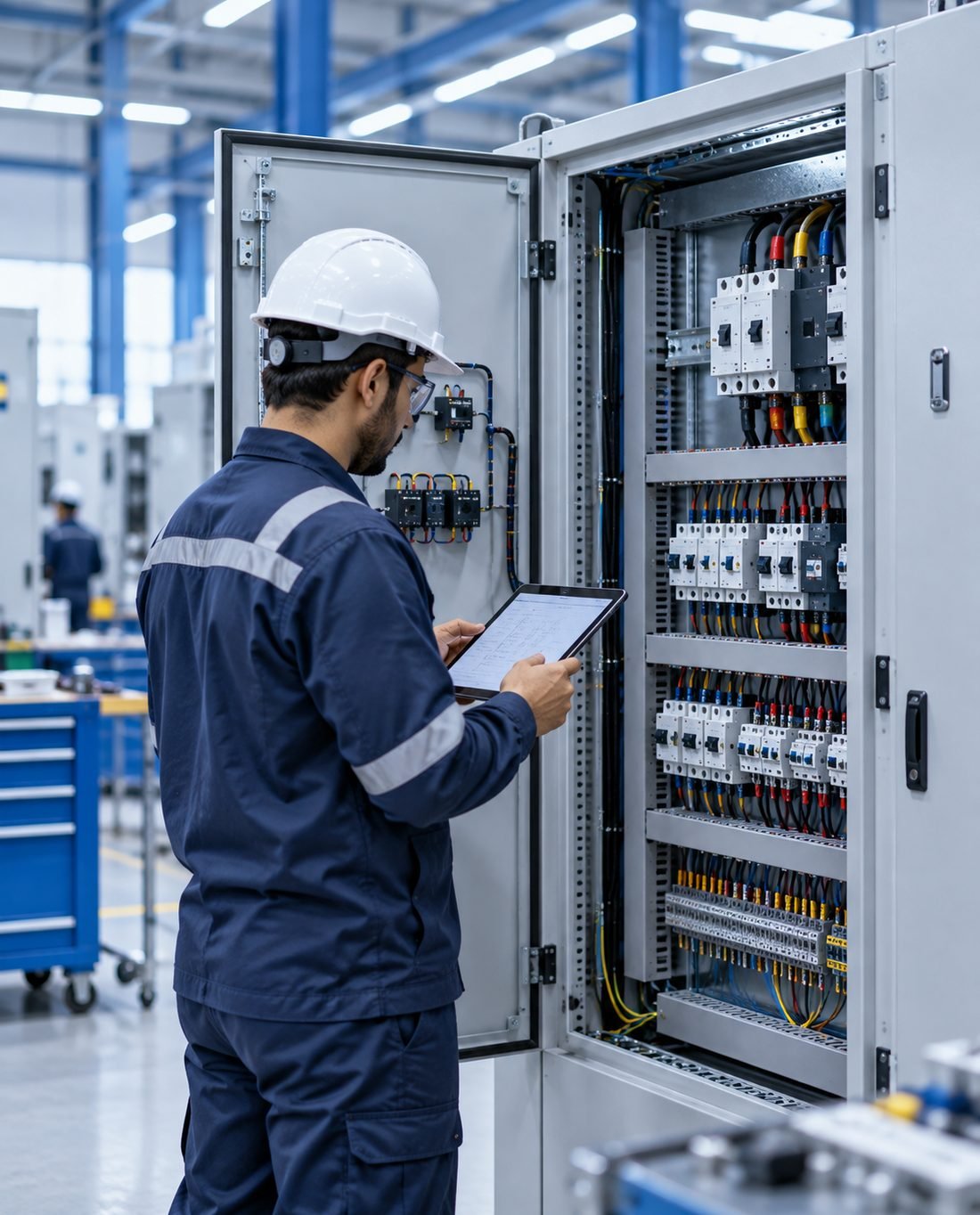 Engineer inspecting a finished switchgear panel
