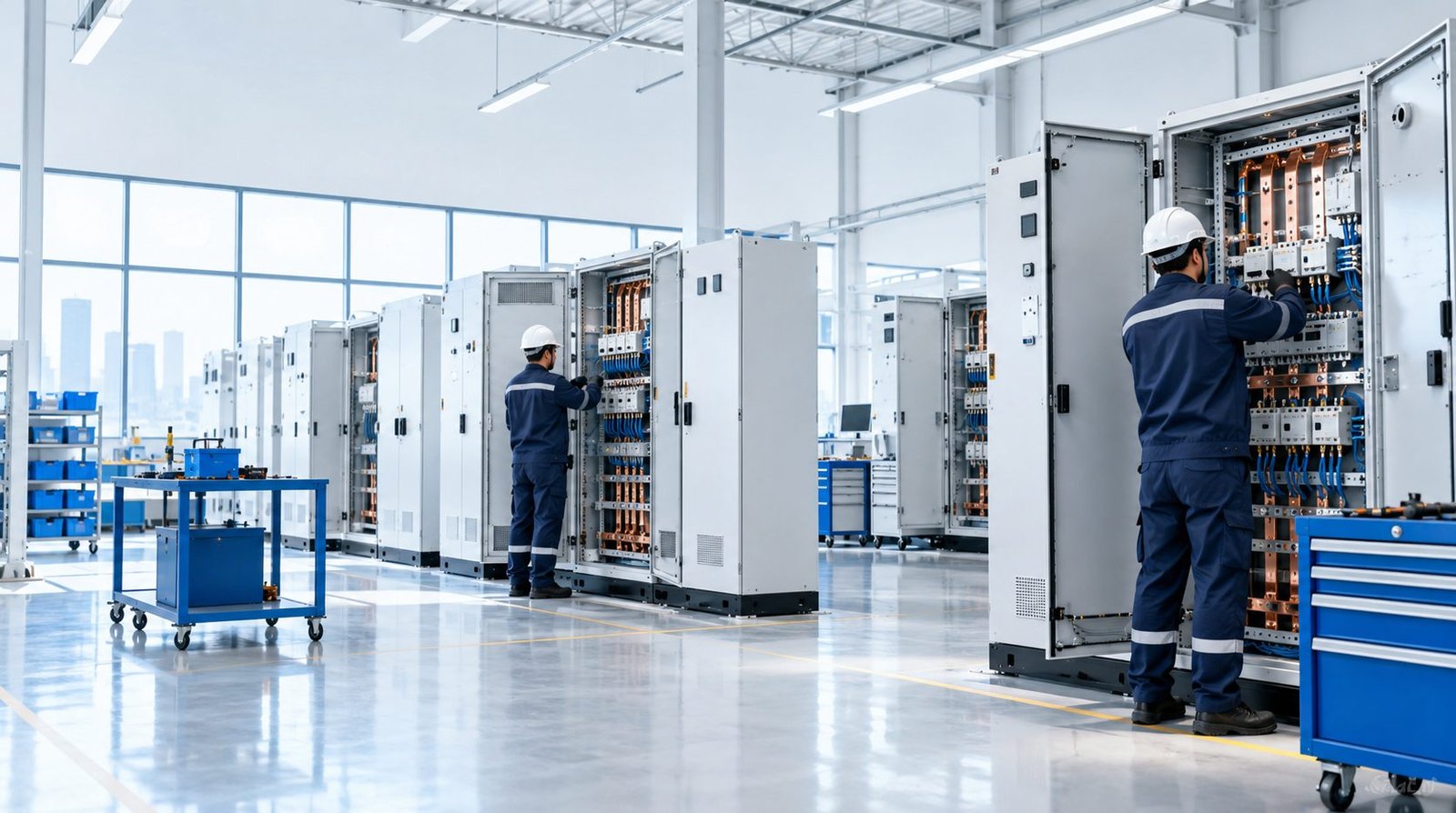 Technicians assembling switchgear panels in the Safeway workshop